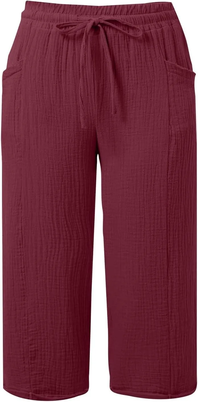 Wide Leg Cropped Pants Women Plus Size Linen Pants with Pockets Summer Lightweight Loose Fit Drawstring Cotton Capris