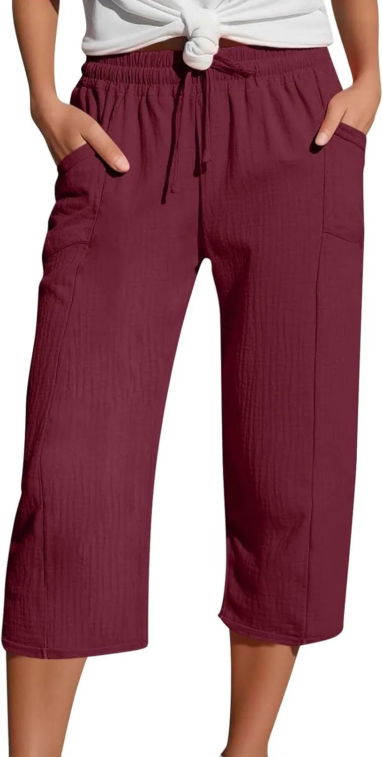 Wide Leg Cropped Pants Women Plus Size Linen Pants with Pockets Summer Lightweight Loose Fit Drawstring Cotton Capris