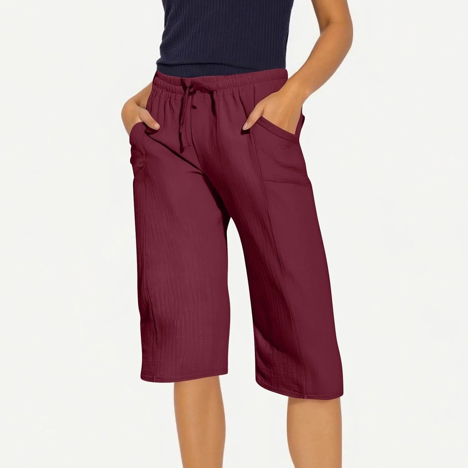 Wide Leg Cropped Pants Women Plus Size Linen Pants with Pockets Summer Lightweight Loose Fit Drawstring Cotton Capris