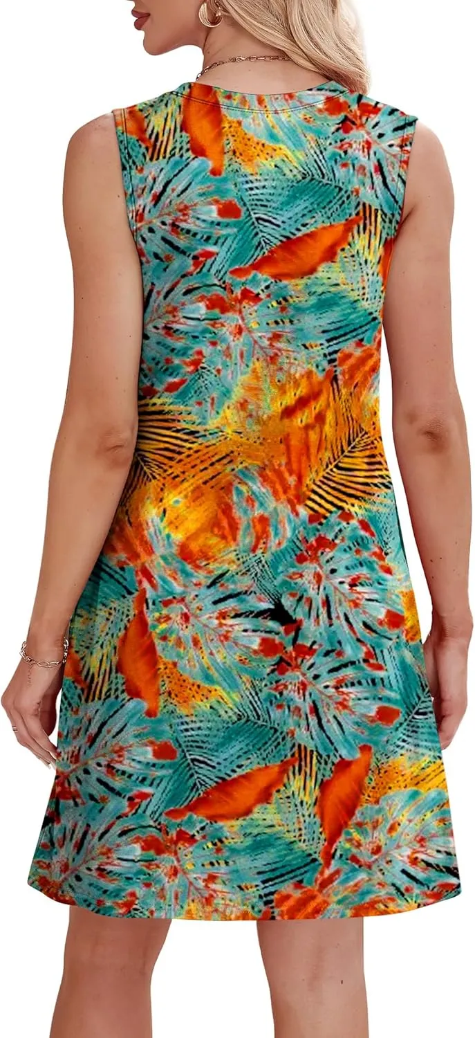 WIHOLL Summer Dresses for Women 2025 Loose Crew Neck Sleeveless Sundresses Casual Swimsuit Coverup with Pockets