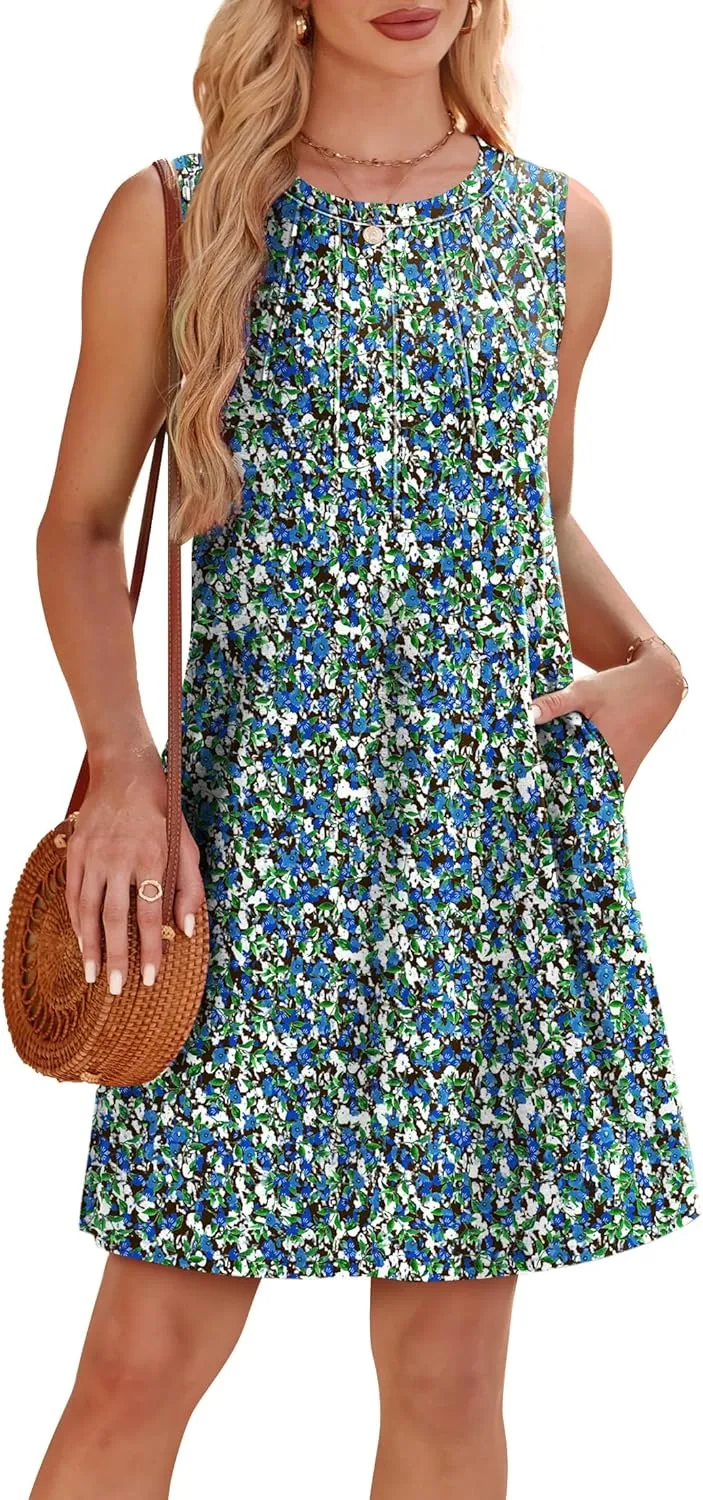 WIHOLL Summer Dresses for Women 2025 Loose Crew Neck Sleeveless Sundresses Casual Swimsuit Coverup with Pockets