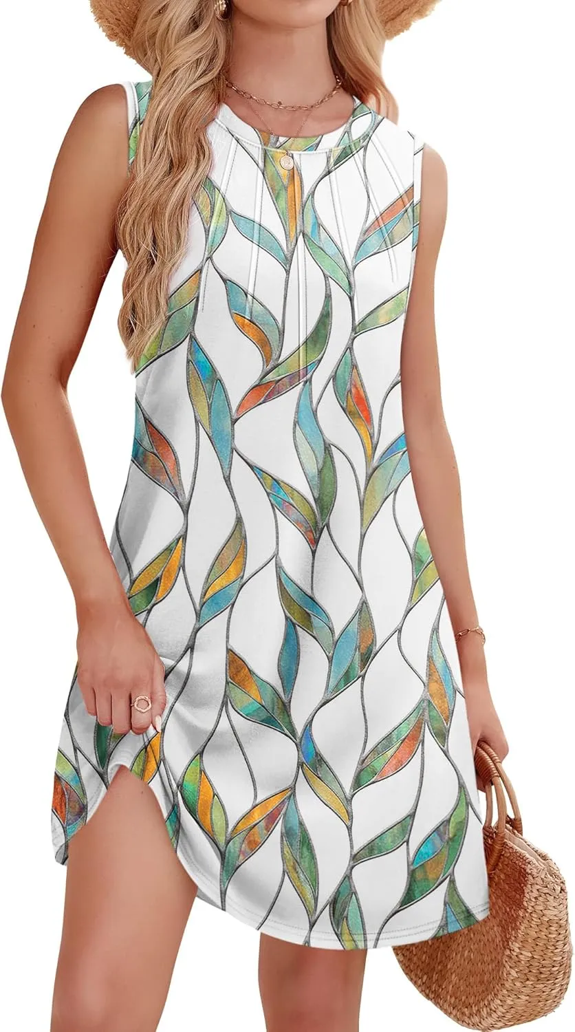 WIHOLL Summer Dresses for Women 2025 Loose Crew Neck Sleeveless Sundresses Casual Swimsuit Coverup with Pockets