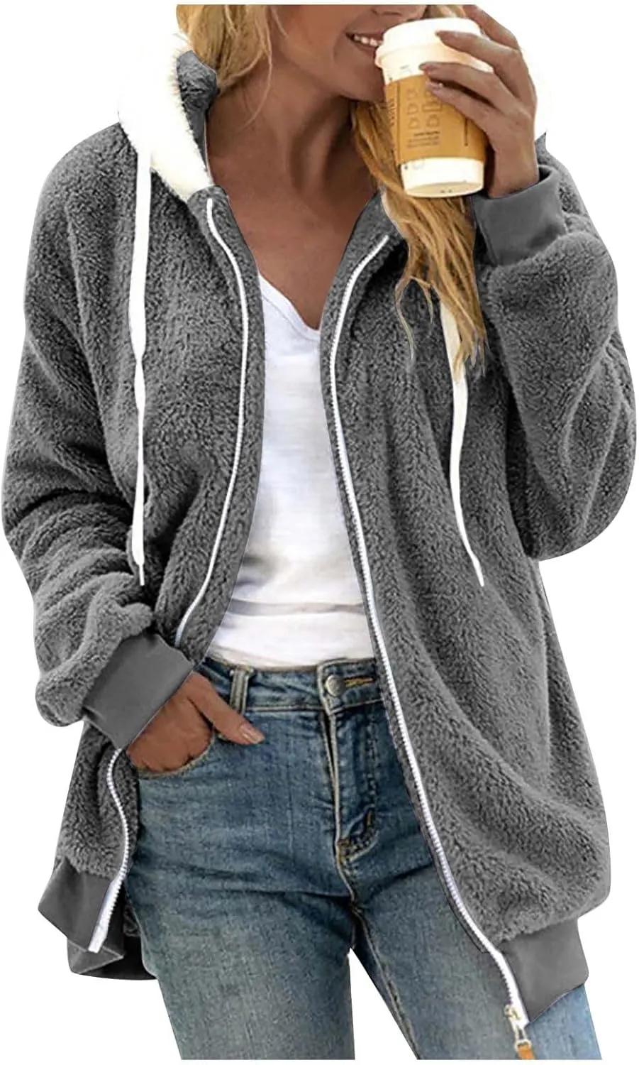 Winter Jackets for Women Full Zip Up Fuzzy Fleece Jacket Hooded Color Block Patchwork Cardigan Coats with Pockets