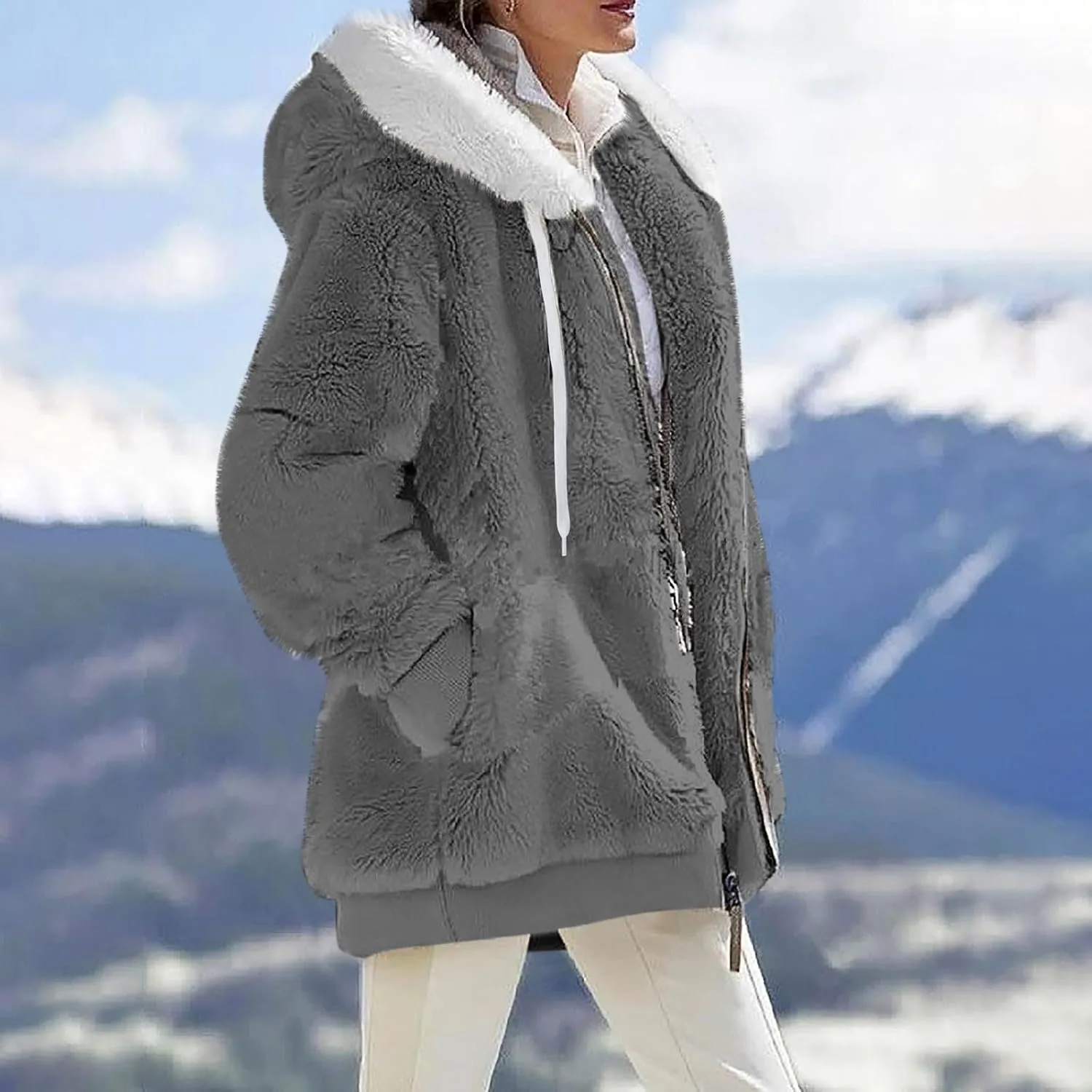 Winter Jackets for Women Full Zip Up Fuzzy Fleece Jacket Hooded Color Block Patchwork Cardigan Coats with Pockets