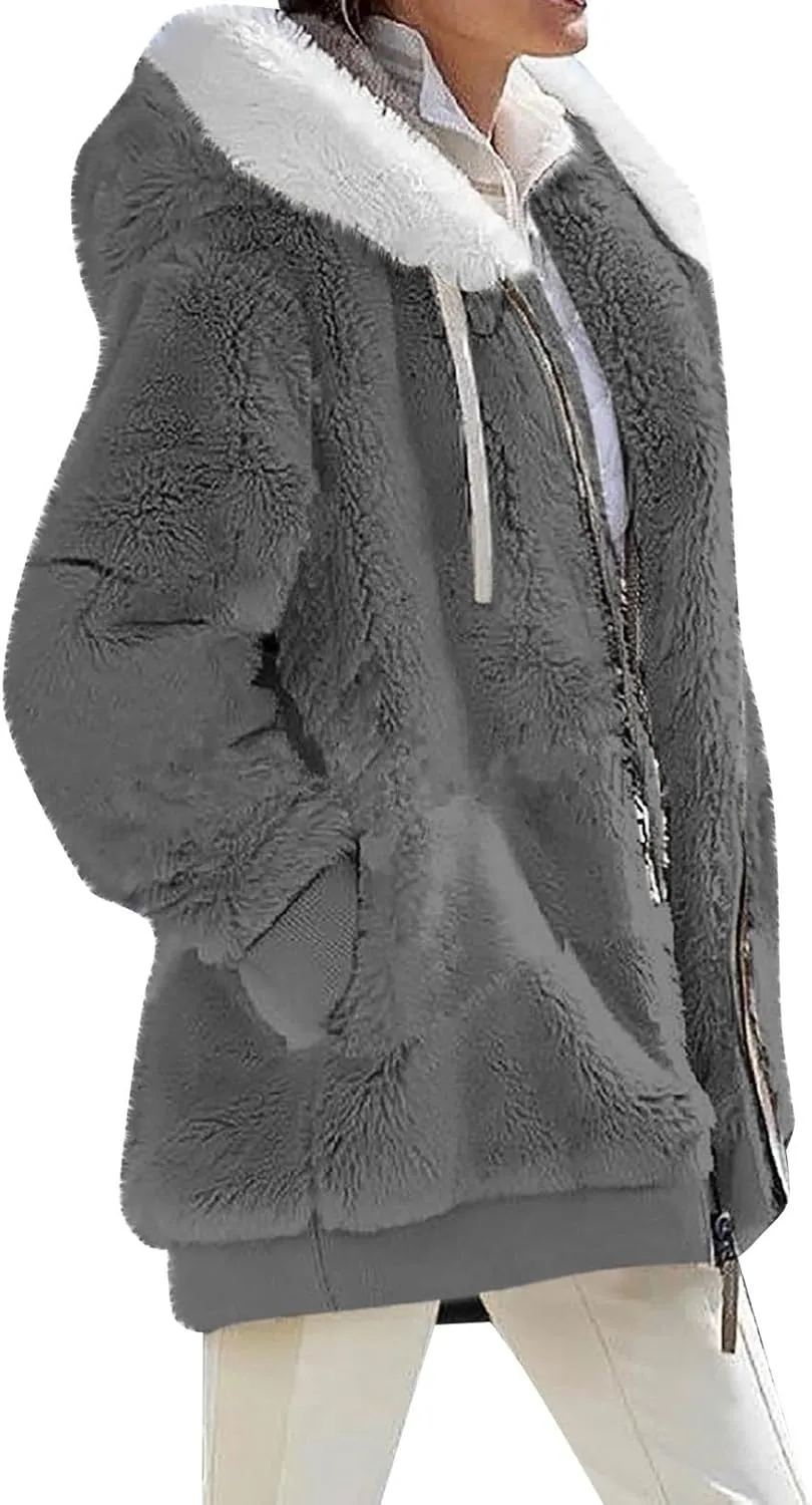 Winter Jackets for Women Full Zip Up Fuzzy Fleece Jacket Hooded Color Block Patchwork Cardigan Coats with Pockets