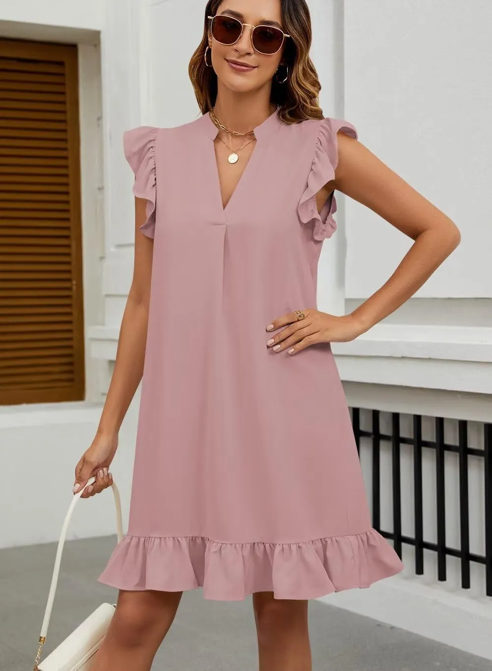Wkior Summer Dresses for Women 2025 Casual V Neck Cap Sleeve Ruffled Hem T-Shirt Dress Flowy Swing Smock Mini Sundress