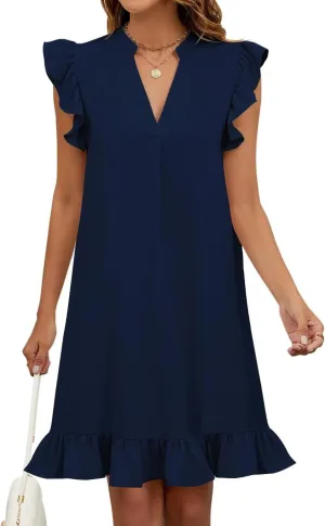 Wkior Summer Dresses for Women 2025 Casual V Neck Cap Sleeve Ruffled Hem T-Shirt Dress Flowy Swing Smock Mini Sundress