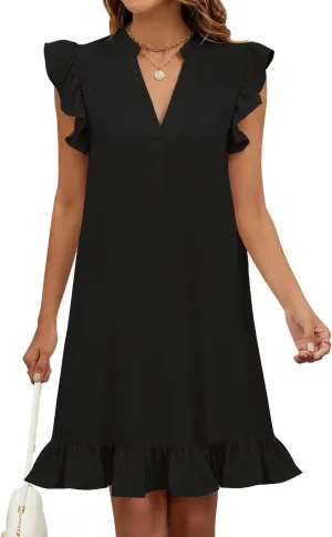 Wkior Summer Dresses for Women 2025 Casual V Neck Cap Sleeve Ruffled Hem T-Shirt Dress Flowy Swing Smock Mini Sundress
