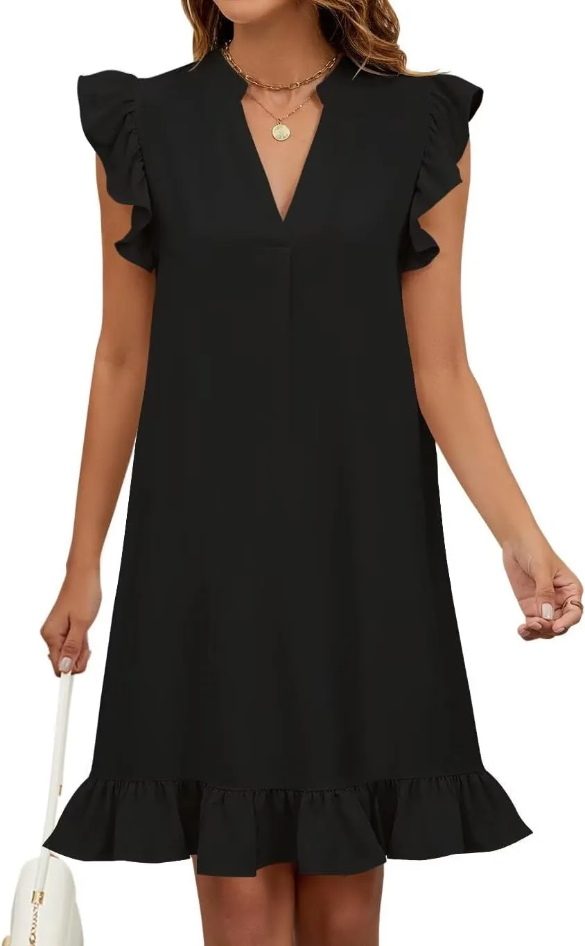 Wkior Summer Dresses for Women 2025 Casual V Neck Cap Sleeve Ruffled Hem T-Shirt Dress Flowy Swing Smock Mini Sundress