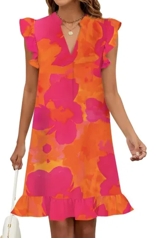 Wkior Summer Dresses for Women 2025 Casual V Neck Cap Sleeve Ruffled Hem T-Shirt Dress Flowy Swing Smock Mini Sundress