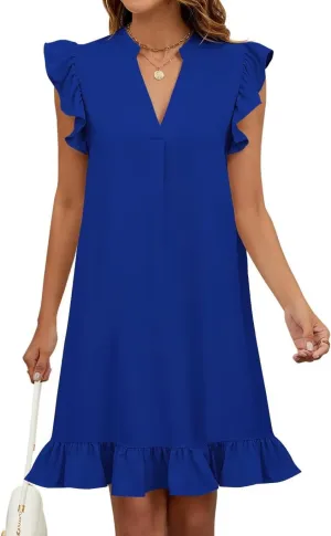 Wkior Summer Dresses for Women 2025 Casual V Neck Cap Sleeve Ruffled Hem T-Shirt Dress Flowy Swing Smock Mini Sundress