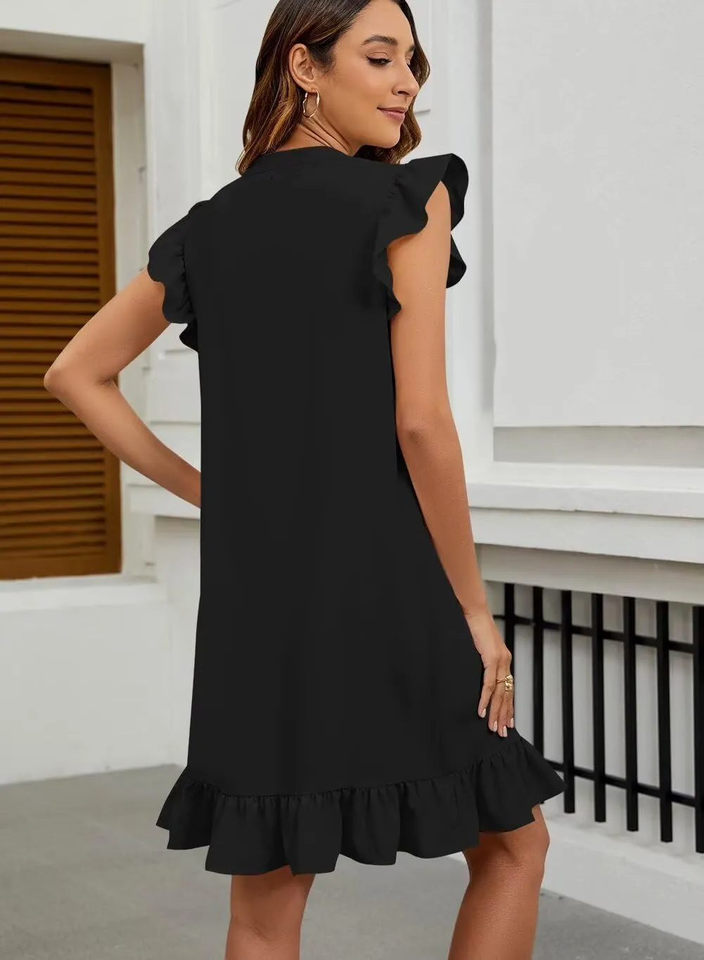 Wkior Summer Dresses for Women 2025 Casual V Neck Cap Sleeve Ruffled Hem T-Shirt Dress Flowy Swing Smock Mini Sundress