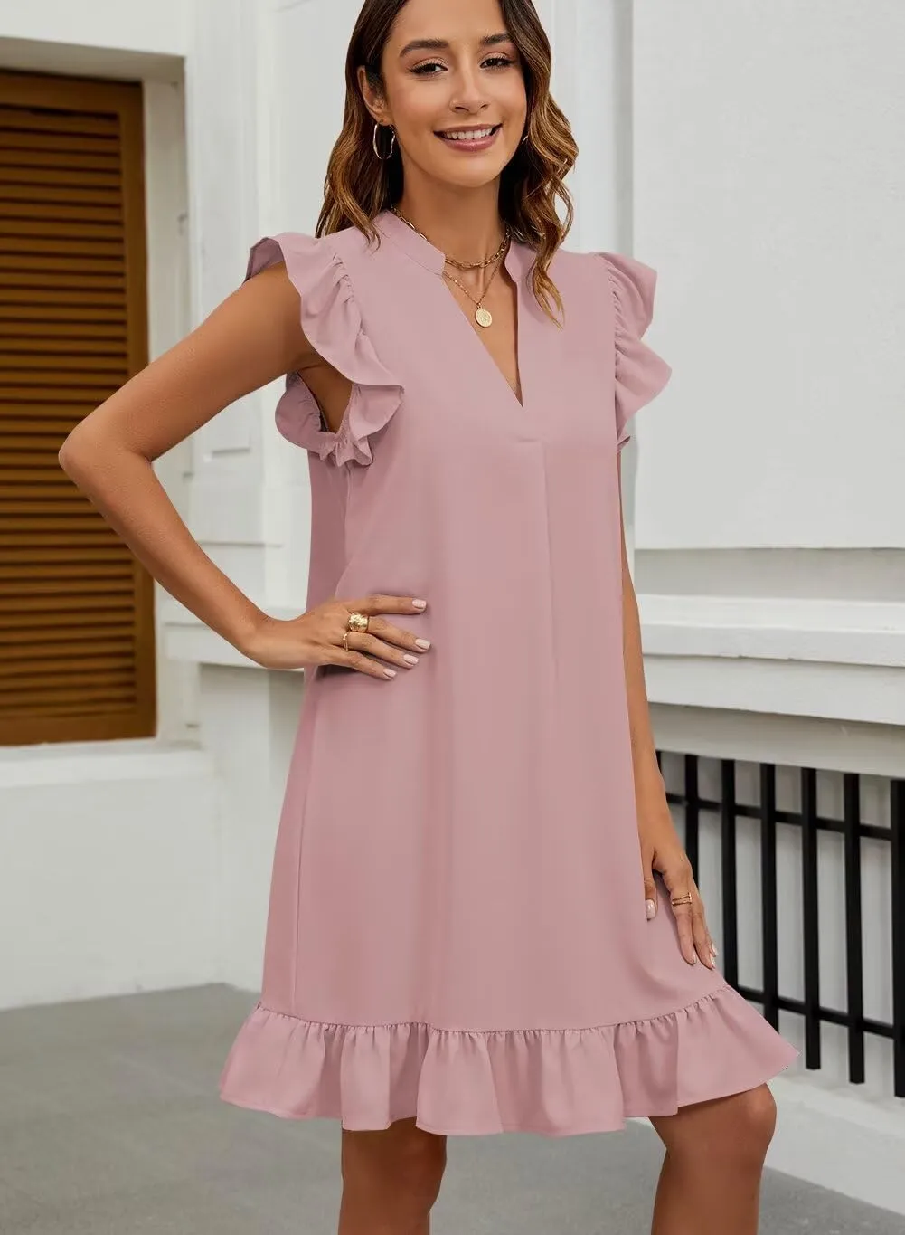 Wkior Summer Dresses for Women 2025 Casual V Neck Cap Sleeve Ruffled Hem T-Shirt Dress Flowy Swing Smock Mini Sundress