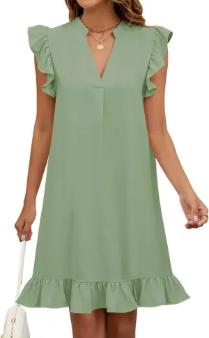 Wkior Summer Dresses for Women 2025 Casual V Neck Cap Sleeve Ruffled Hem T-Shirt Dress Flowy Swing Smock Mini Sundress