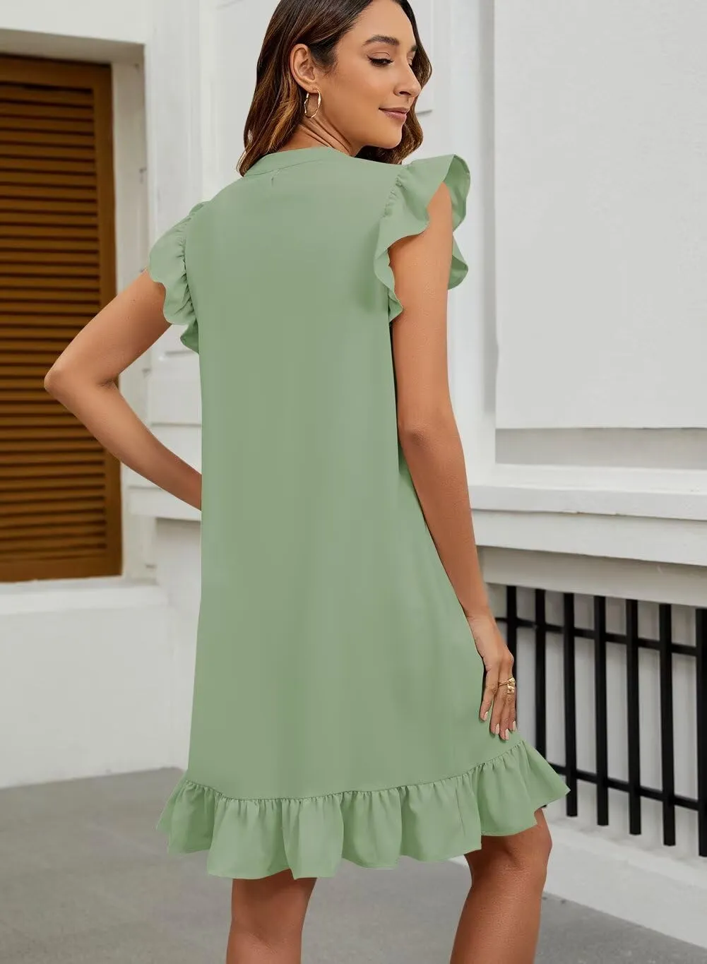 Wkior Summer Dresses for Women 2025 Casual V Neck Cap Sleeve Ruffled Hem T-Shirt Dress Flowy Swing Smock Mini Sundress