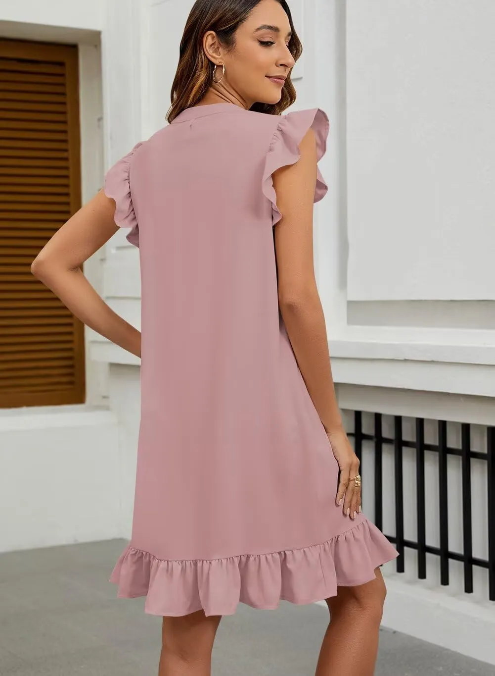 Wkior Summer Dresses for Women 2025 Casual V Neck Cap Sleeve Ruffled Hem T-Shirt Dress Flowy Swing Smock Mini Sundress