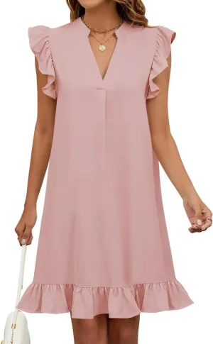 Wkior Summer Dresses for Women 2025 Casual V Neck Cap Sleeve Ruffled Hem T-Shirt Dress Flowy Swing Smock Mini Sundress