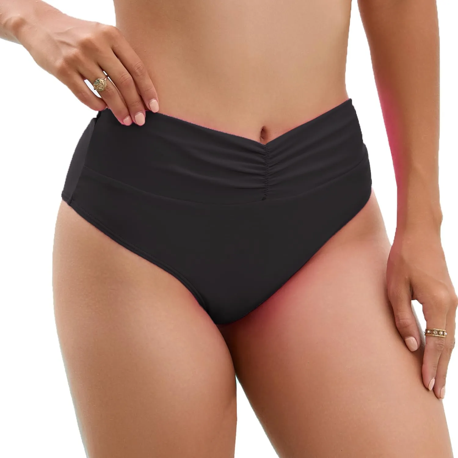 WODECASA Women's High Waisted V Front Bikini Bottom High Cut Ruched Swim Bathing Suit Bottoms