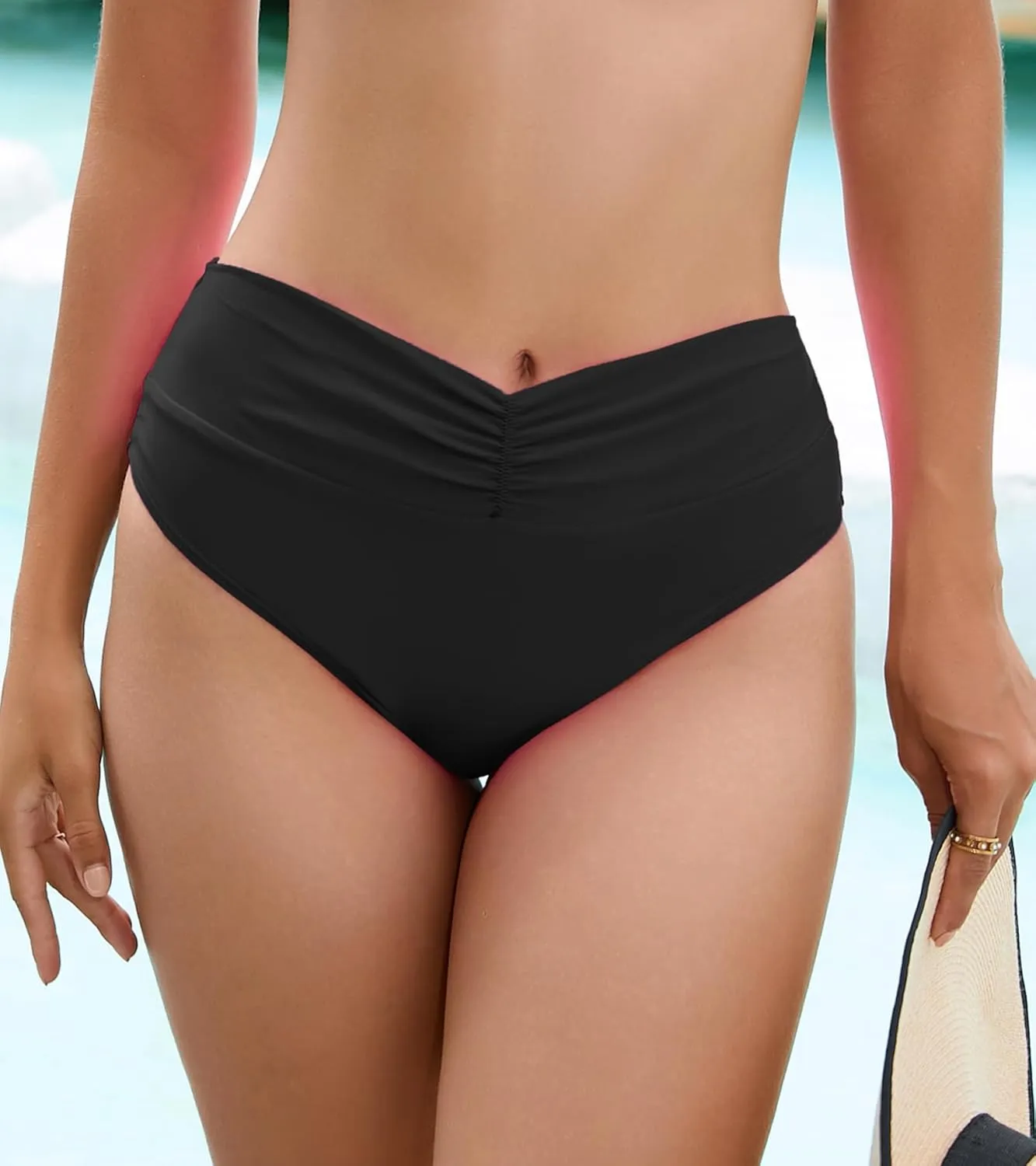 WODECASA Women's High Waisted V Front Bikini Bottom High Cut Ruched Swim Bathing Suit Bottoms