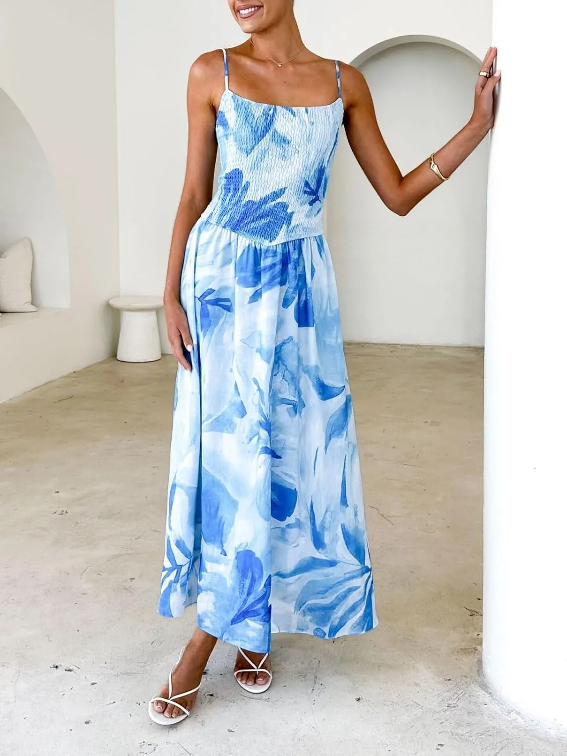Women Boho Cami Maxi Dress Spaghetti Strap Smocked Long Dress Swing Tiered A-line Dresses Summer Beach Sundress