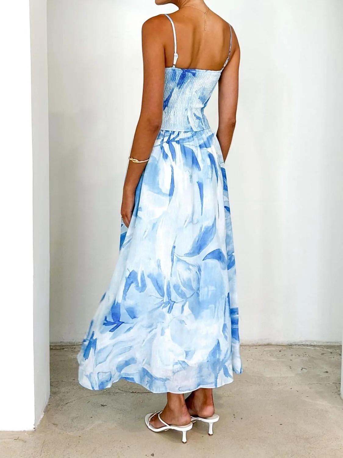 Women Boho Cami Maxi Dress Spaghetti Strap Smocked Long Dress Swing Tiered A-line Dresses Summer Beach Sundress