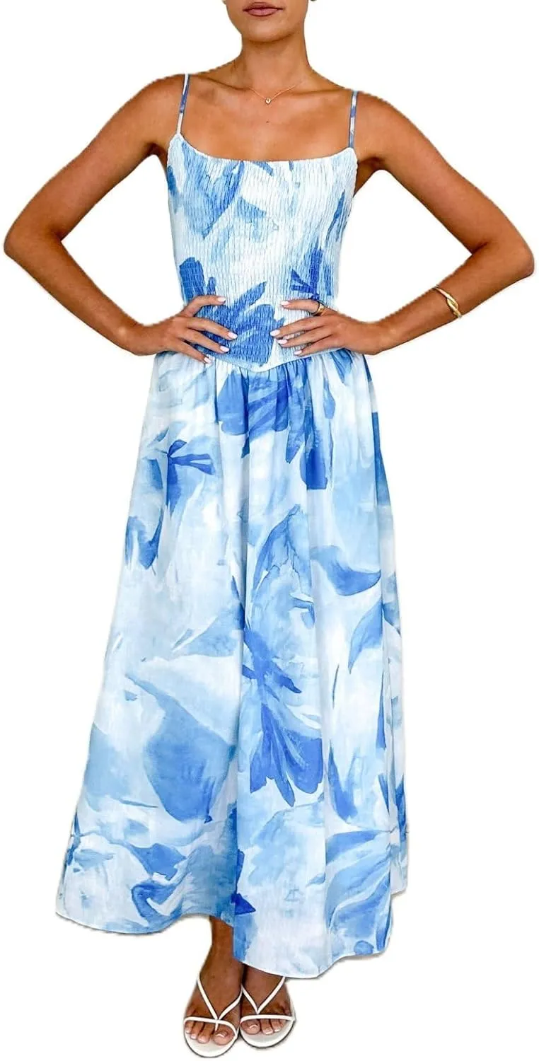 Women Boho Cami Maxi Dress Spaghetti Strap Smocked Long Dress Swing Tiered A-line Dresses Summer Beach Sundress