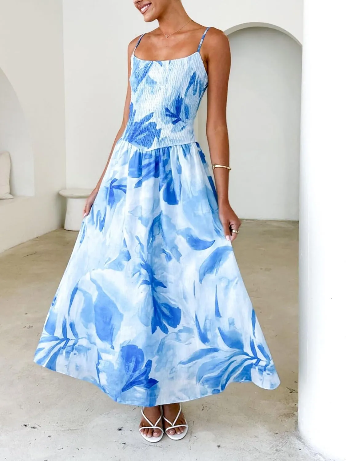 Women Boho Cami Maxi Dress Spaghetti Strap Smocked Long Dress Swing Tiered A-line Dresses Summer Beach Sundress
