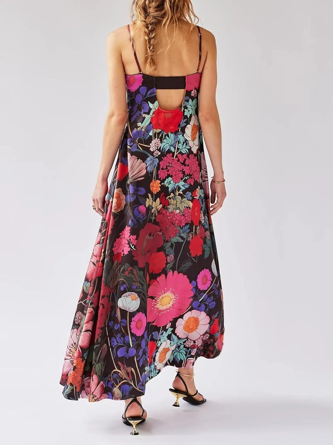 Women Boho Maxi Cami Dress Spaghetti Strap Backless Long Dress Floral Graphic A-line Sundress Summer Beach Dresses