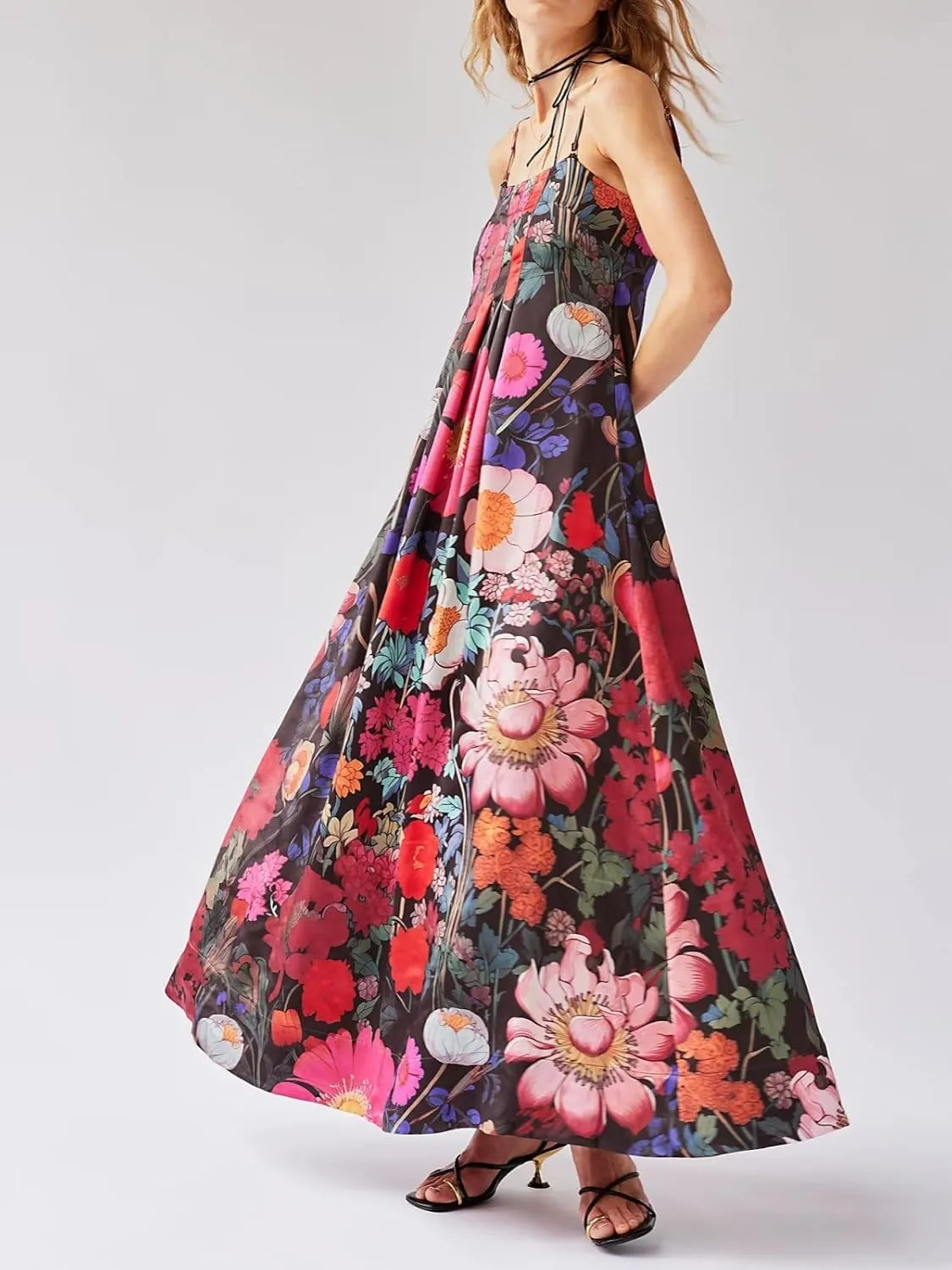 Women Boho Maxi Cami Dress Spaghetti Strap Backless Long Dress Floral Graphic A-line Sundress Summer Beach Dresses