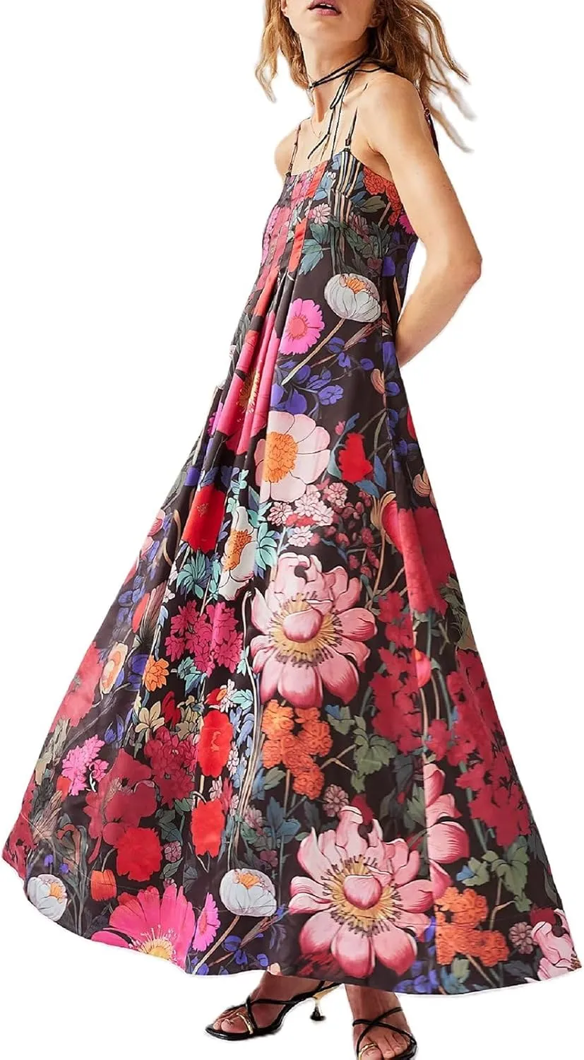 Women Boho Maxi Cami Dress Spaghetti Strap Backless Long Dress Floral Graphic A-line Sundress Summer Beach Dresses