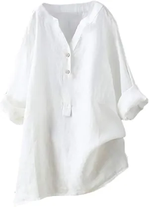 Women Button Up Shirts Solid Long Sleeve Linen Summer Casual Comfy Blouses Top Loose Fit Tee Shirts