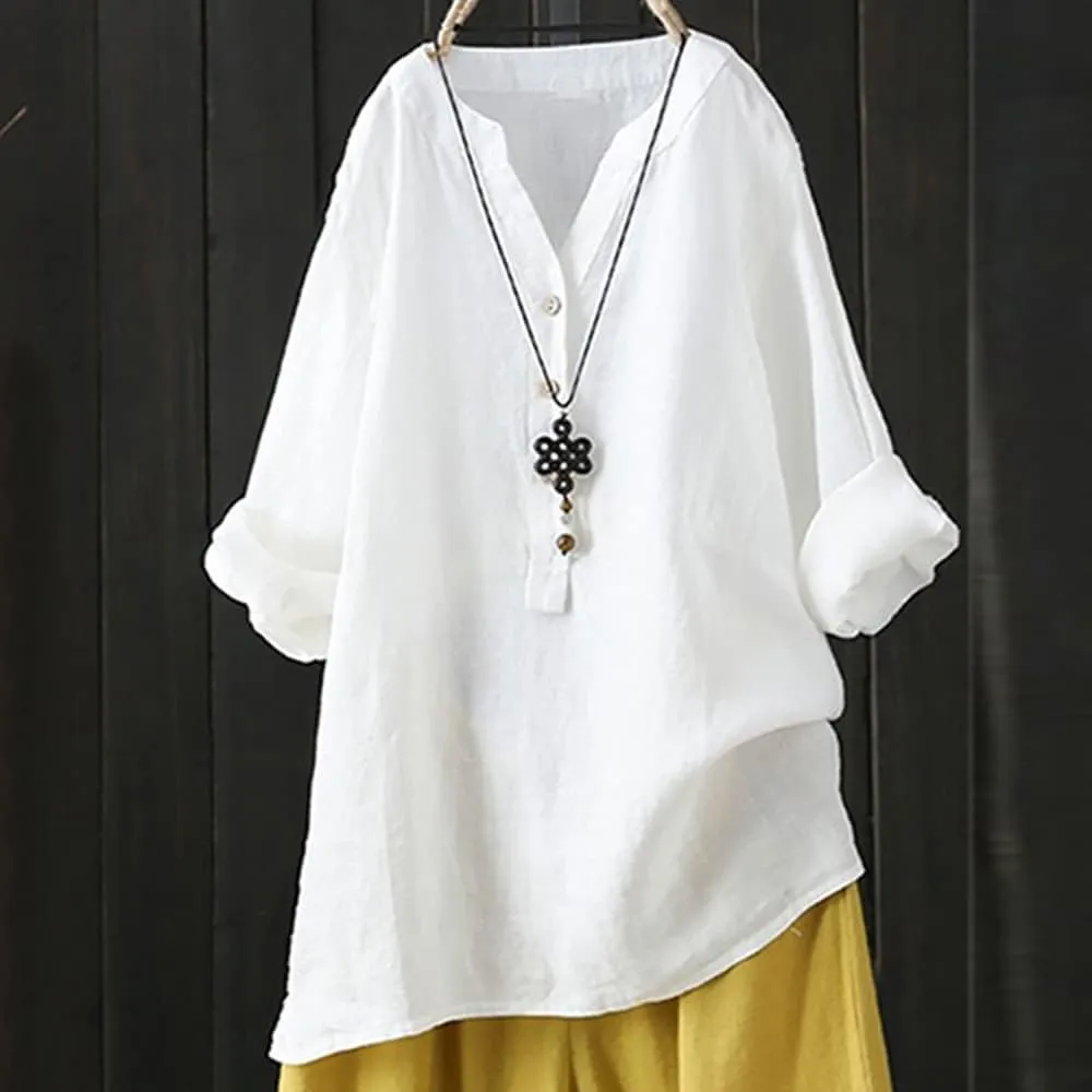 Women Button Up Shirts Solid Long Sleeve Linen Summer Casual Comfy Blouses Top Loose Fit Tee Shirts