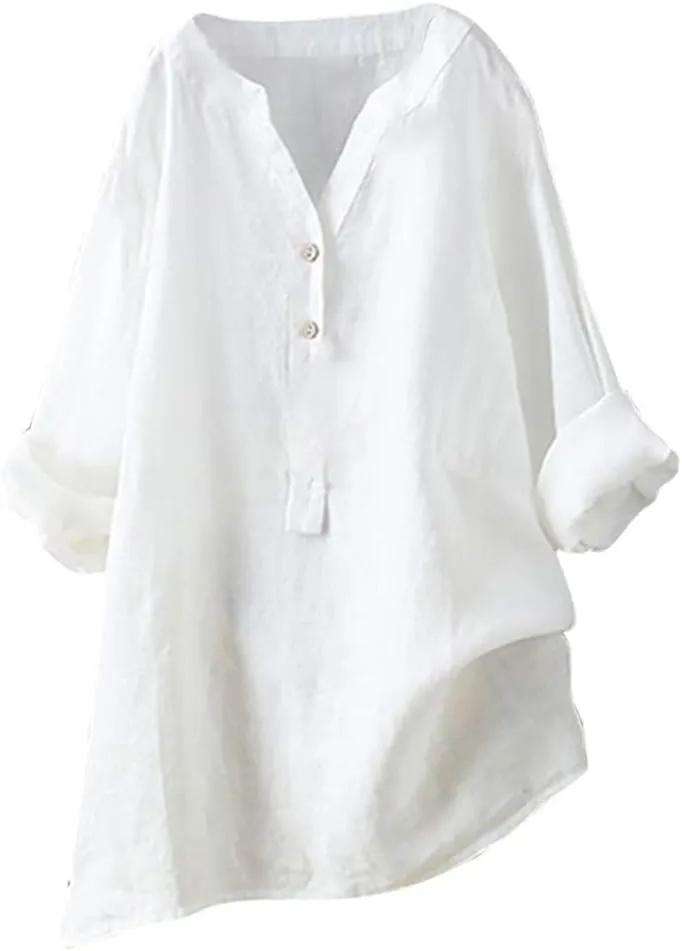 Women Button Up Shirts Solid Long Sleeve Linen Summer Casual Comfy Blouses Top Loose Fit Tee Shirts