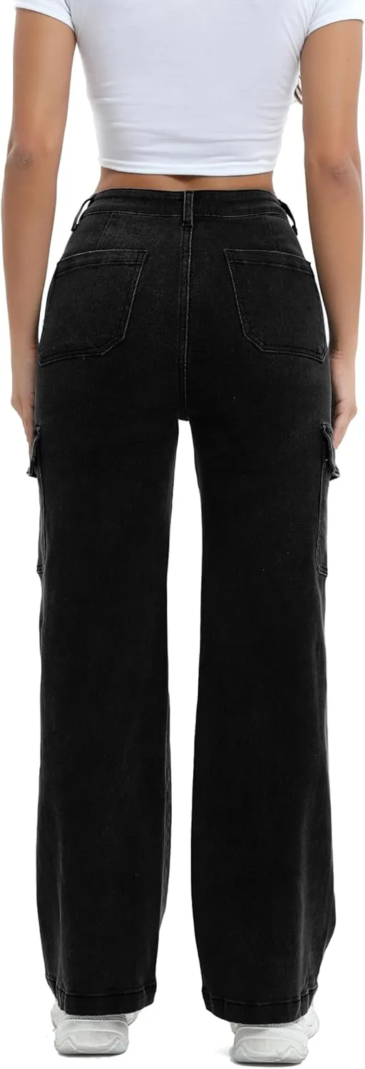Women Cargo Jeans High Waist Y2K Straight Leg Trendy Stretchy Lightweight Jeans for Women