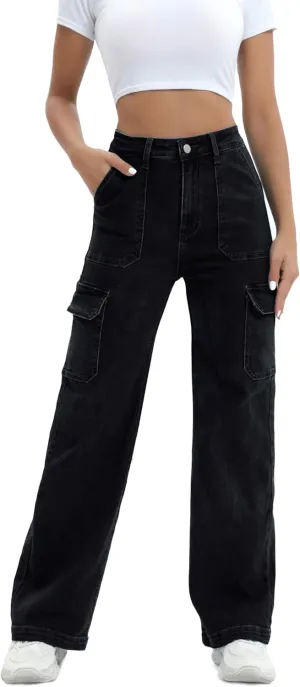 Women Cargo Jeans High Waist Y2K Straight Leg Trendy Stretchy Lightweight Jeans for Women