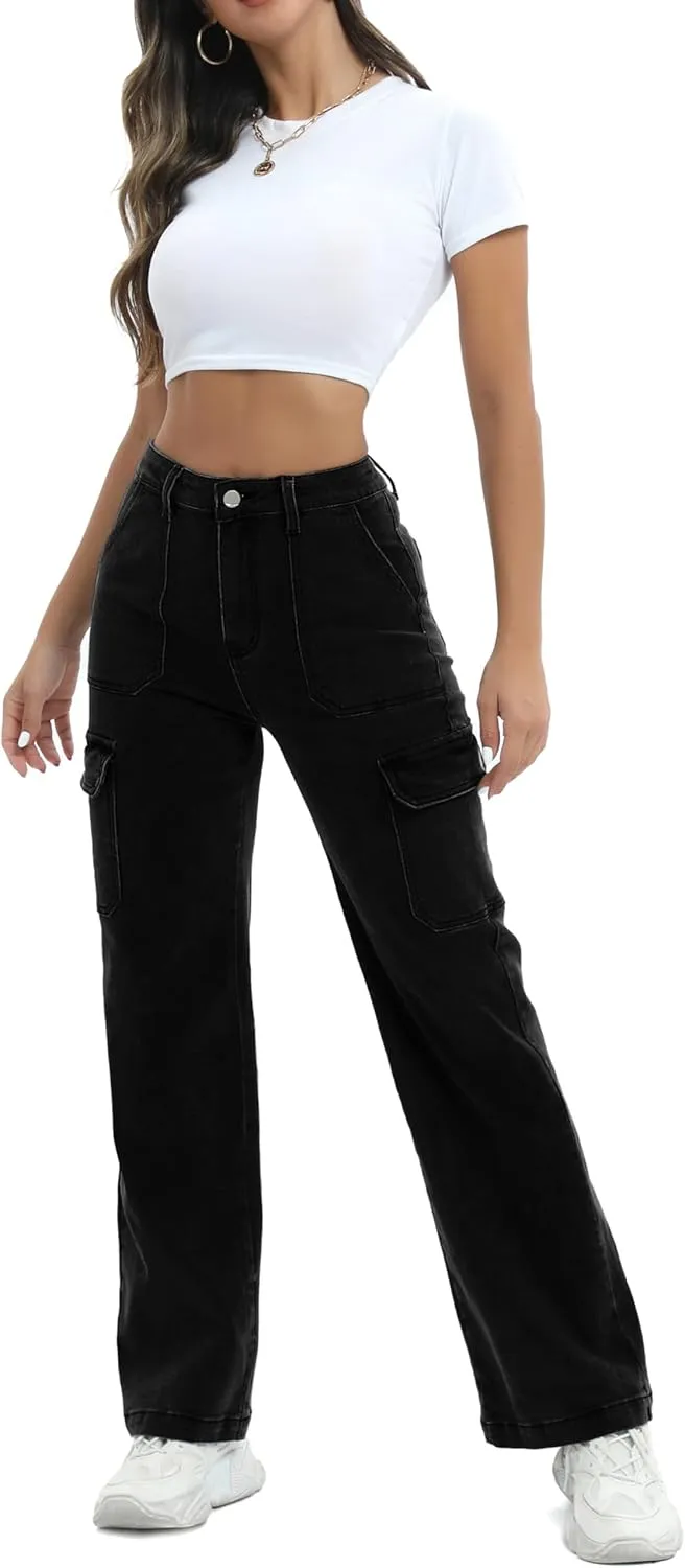 Women Cargo Jeans High Waist Y2K Straight Leg Trendy Stretchy Lightweight Jeans for Women