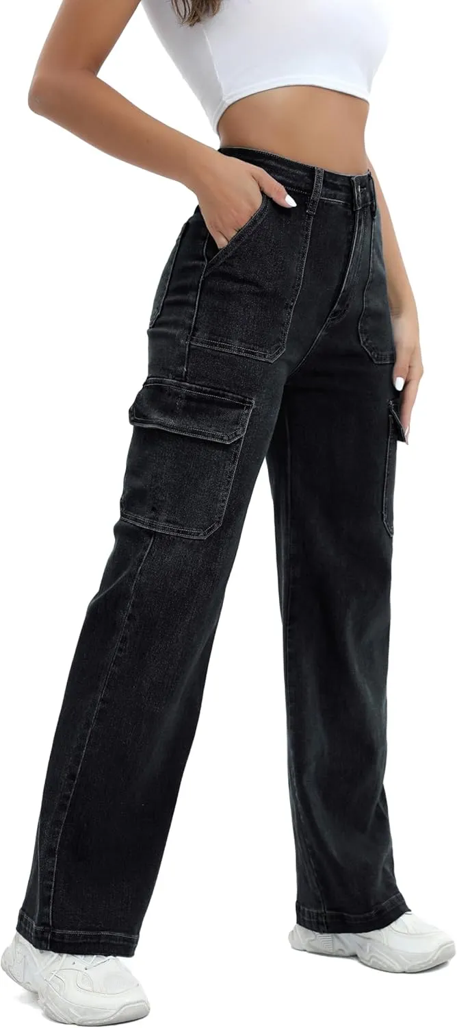 Women Cargo Jeans High Waist Y2K Straight Leg Trendy Stretchy Lightweight Jeans for Women