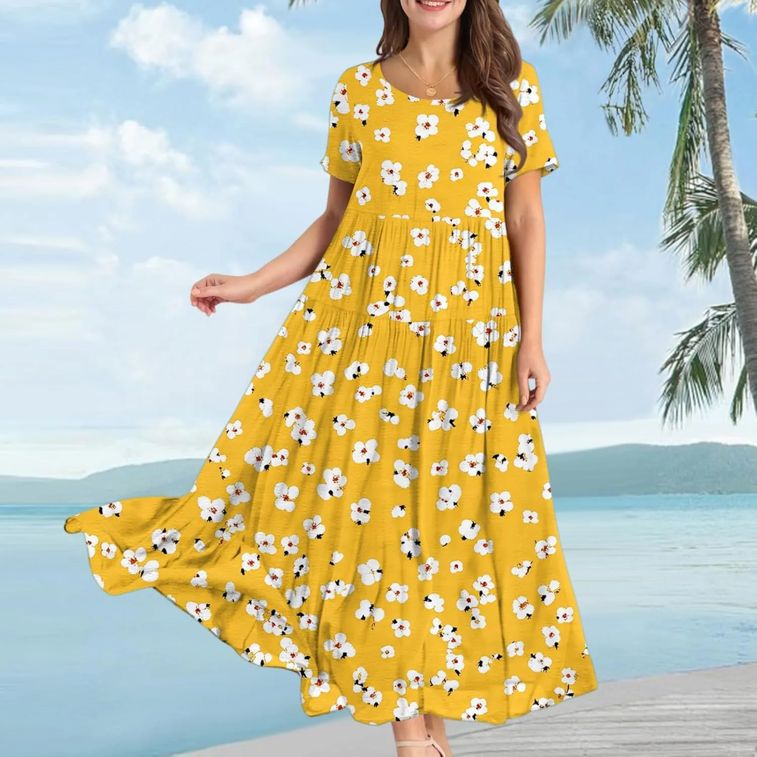 Women Casual Loose Fit Bohemian Floral Dress 2025 Plus Size Short Sleeve Long Maxi Summer Beach Swing Flowy Spring Dresses