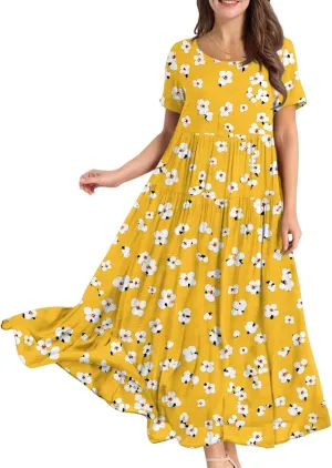 Women Casual Loose Fit Bohemian Floral Dress 2025 Plus Size Short Sleeve Long Maxi Summer Beach Swing Flowy Spring Dresses
