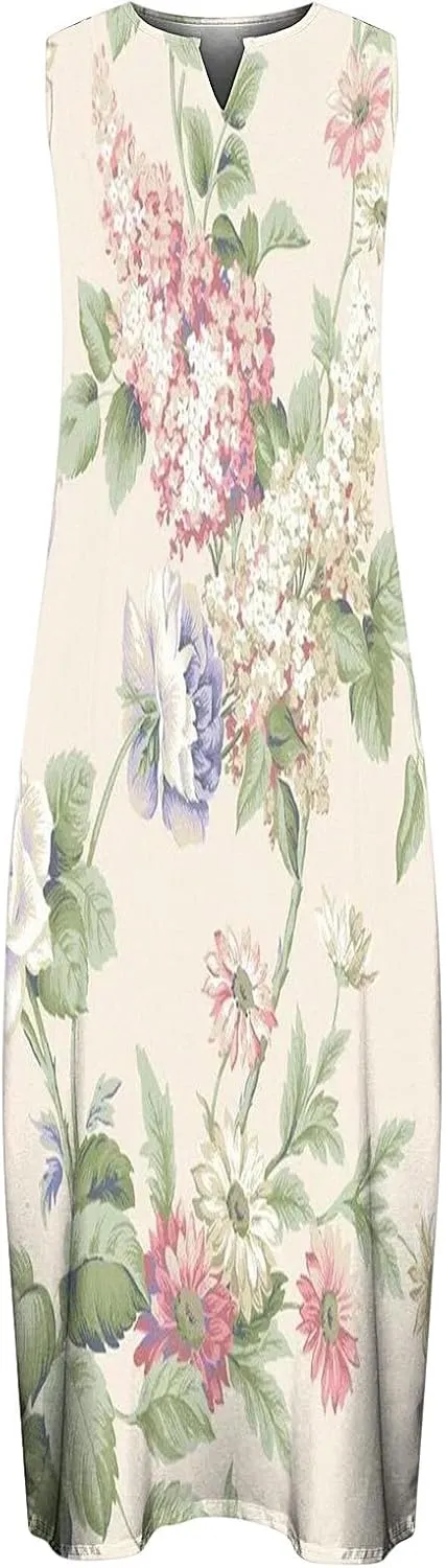 Women Casual Loose Printed Tank Dress Summer Beach V-Neck Pocket Sundress Loose Sleeveless Vacation Long Dress
