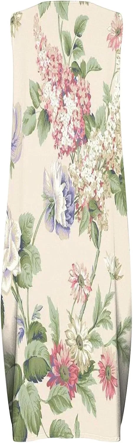 Women Casual Loose Printed Tank Dress Summer Beach V-Neck Pocket Sundress Loose Sleeveless Vacation Long Dress
