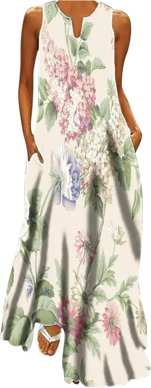 Women Casual Loose Printed Tank Dress Summer Beach V-Neck Pocket Sundress Loose Sleeveless Vacation Long Dress