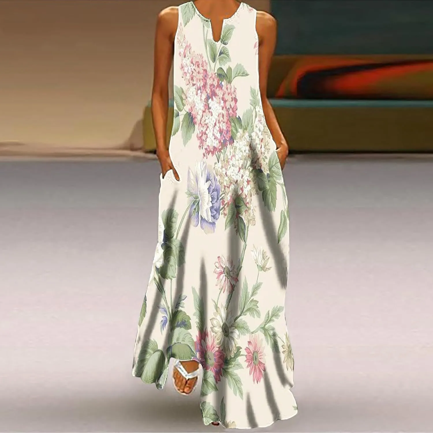 Women Casual Loose Printed Tank Dress Summer Beach V-Neck Pocket Sundress Loose Sleeveless Vacation Long Dress