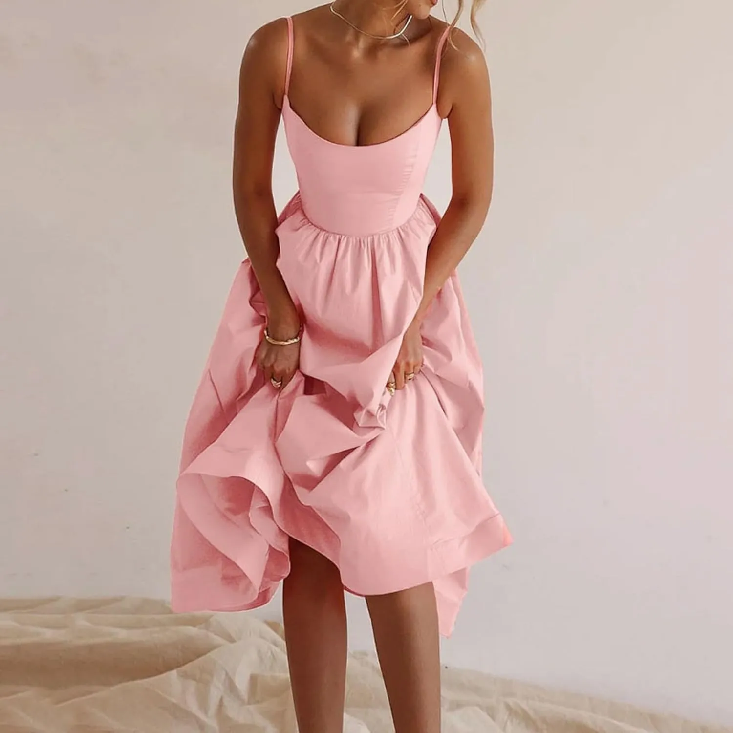 Women Corset Dress Sexy Spaghetti Strap Bustier Midi Dress Low Cut Flowy Pleated Hem Elegant Formal Dresses with Pockets