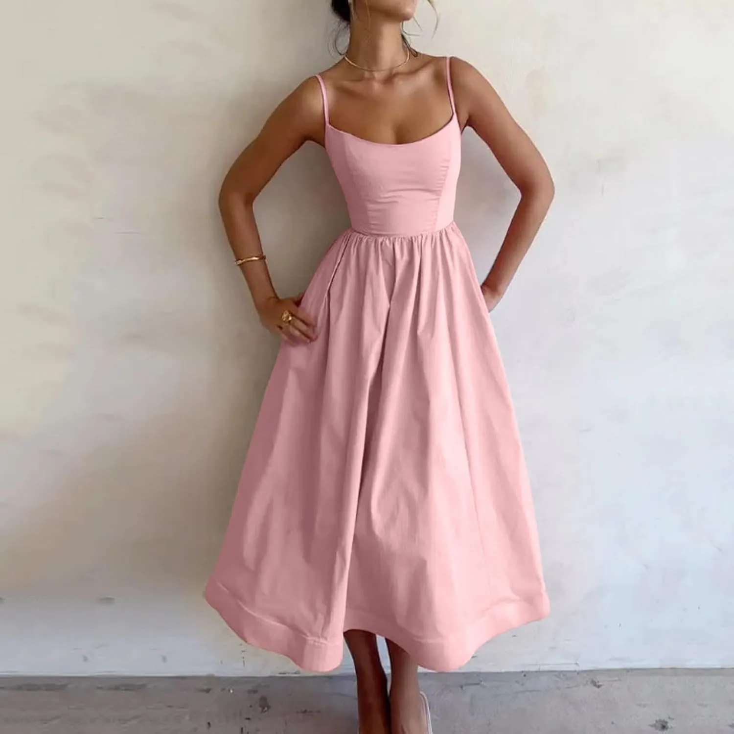 Women Corset Dress Sexy Spaghetti Strap Bustier Midi Dress Low Cut Flowy Pleated Hem Elegant Formal Dresses with Pockets