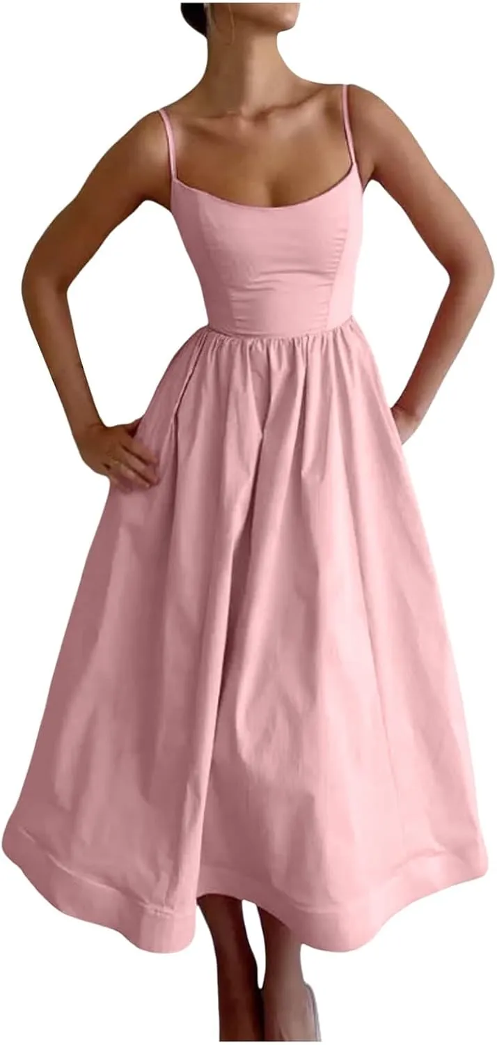 Women Corset Dress Sexy Spaghetti Strap Bustier Midi Dress Low Cut Flowy Pleated Hem Elegant Formal Dresses with Pockets