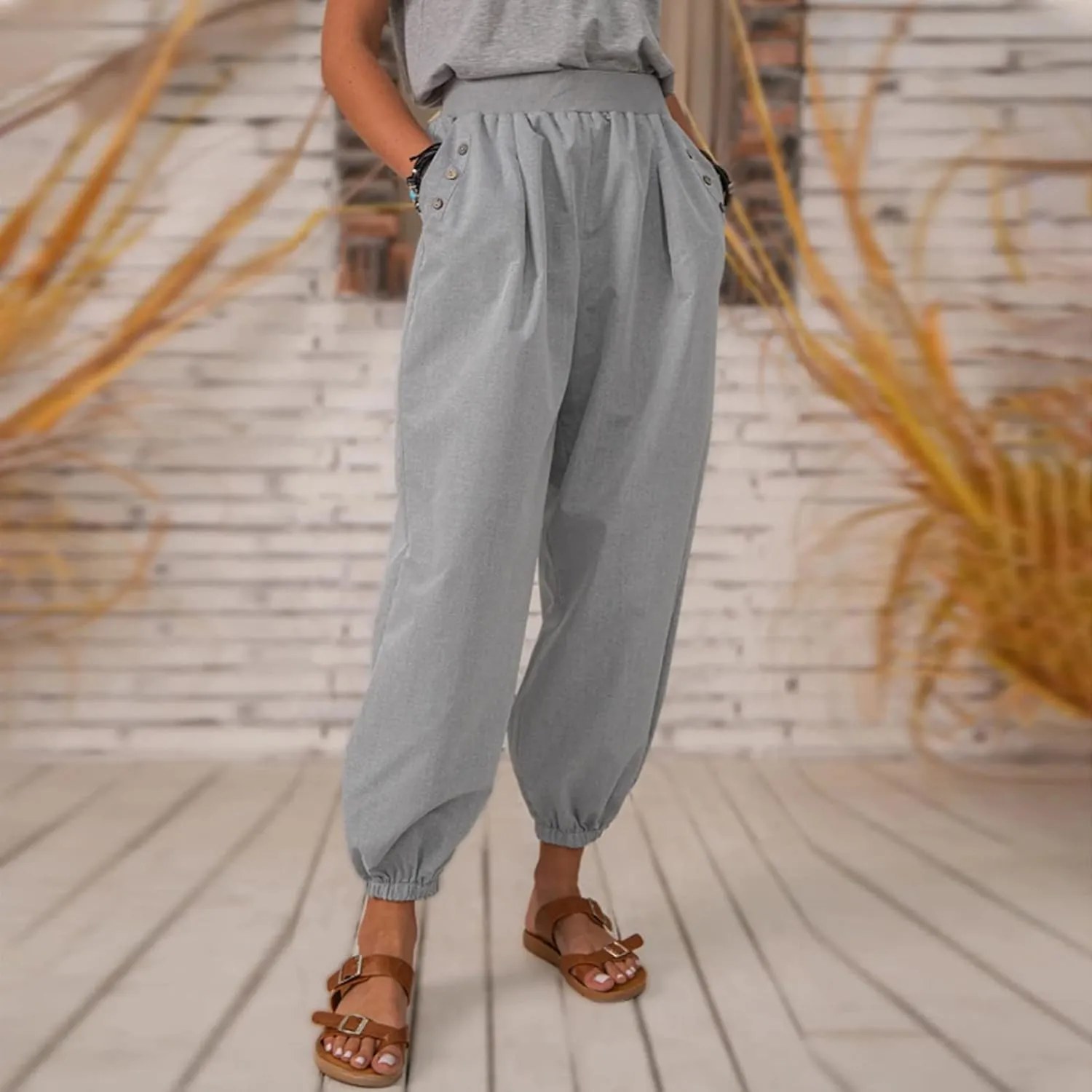 Women Cotton Linen Pants Casual Harem Pants Elastic High Waist Yoga Pants Athletic Joggers Lounge Pants Loose Wide Leg Pants
