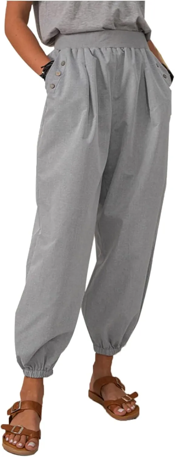 Women Cotton Linen Pants Casual Harem Pants Elastic High Waist Yoga Pants Athletic Joggers Lounge Pants Loose Wide Leg Pants