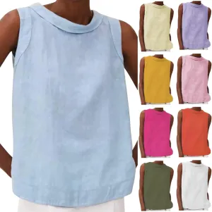 Women Cotton Linen Sleeveless Crop Tank Tops O Neck Shirt Casual Solid Color Loose Fit Comfy T-Shirt Blouse Vest