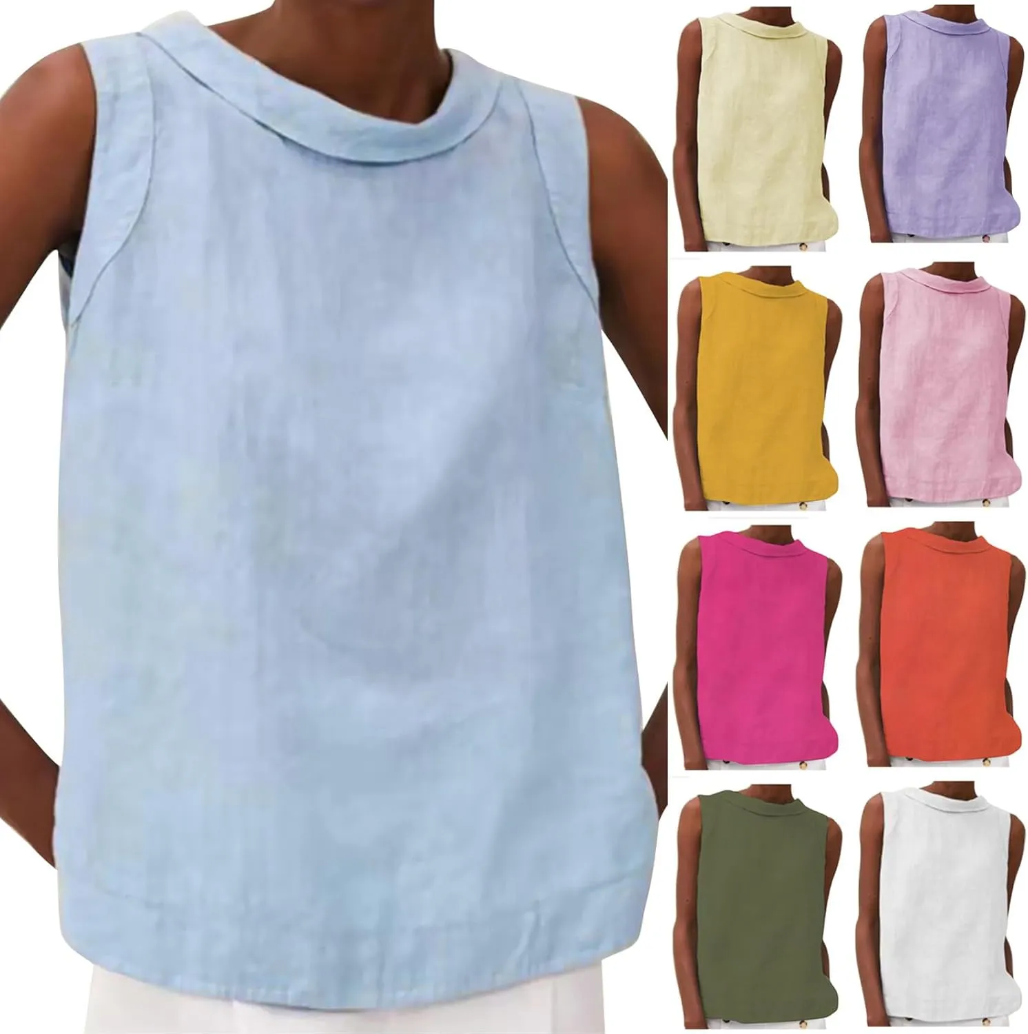 Women Cotton Linen Sleeveless Crop Tank Tops O Neck Shirt Casual Solid Color Loose Fit Comfy T-Shirt Blouse Vest